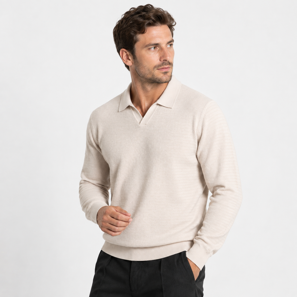 Elvane | Men's Knit Polo Shirt Open Collar Wave Textured Gray