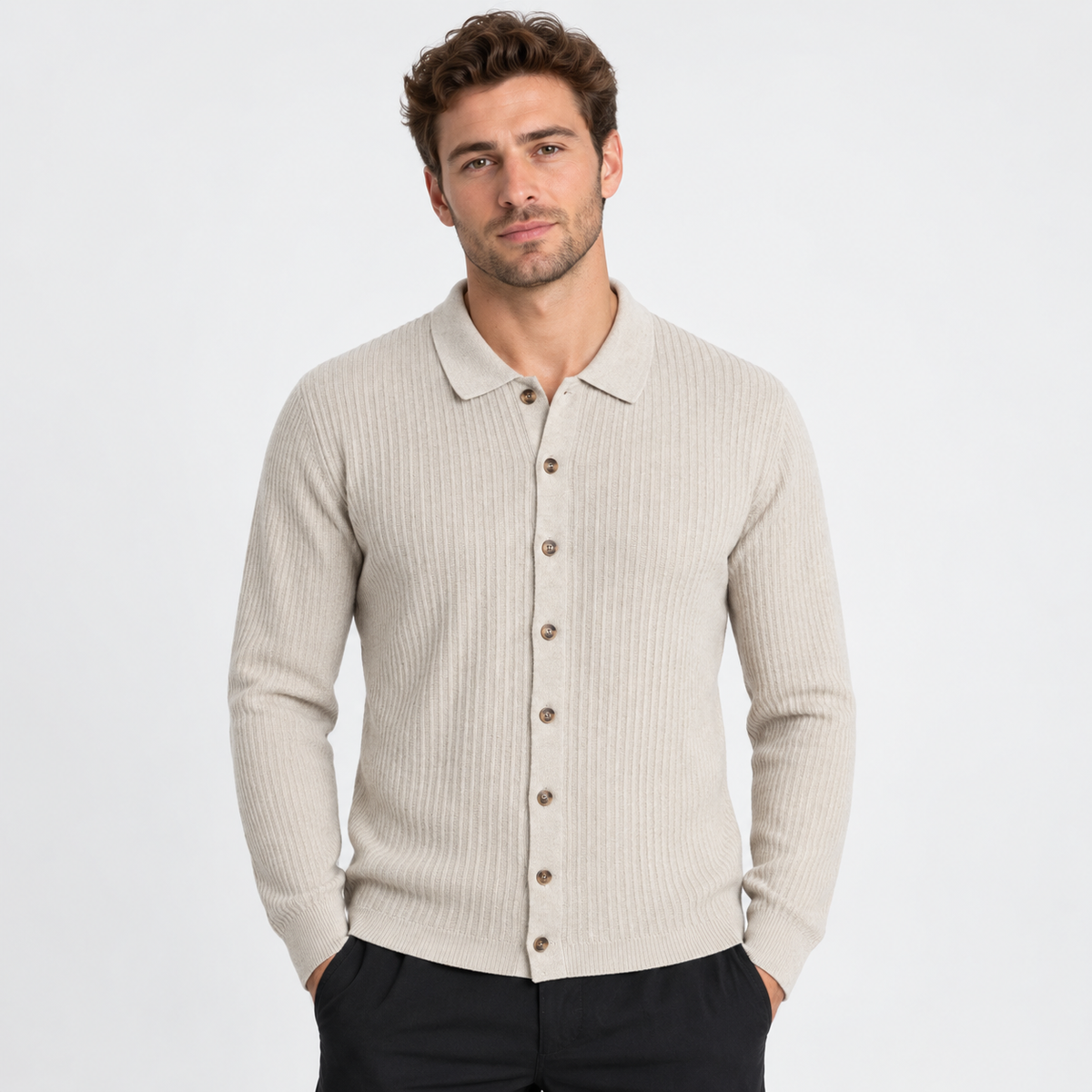 Elvane | Men's Knit Cardigan Ribbed Button Front Collared Sweater