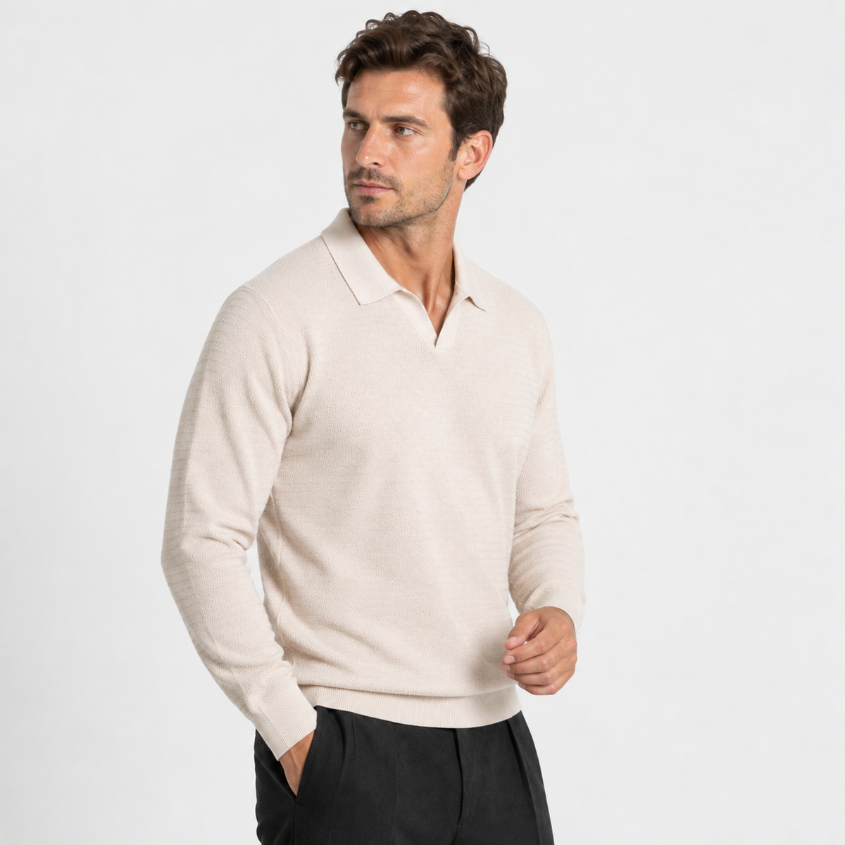 Elvane | Men's Knit Polo Shirt Open Collar Wave Textured Gray