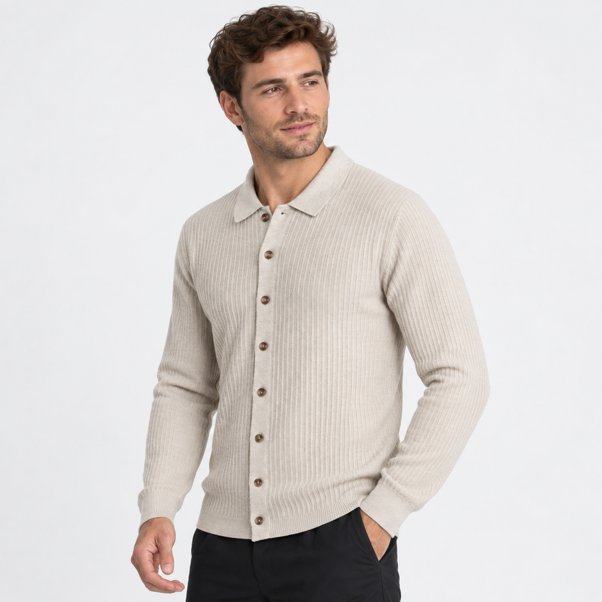 Elvane | Men's Knit Cardigan Ribbed Button Front Collared Sweater