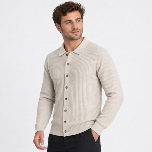 Elvane | Men's Knit Cardigan Ribbed Button Front Collared Sweater