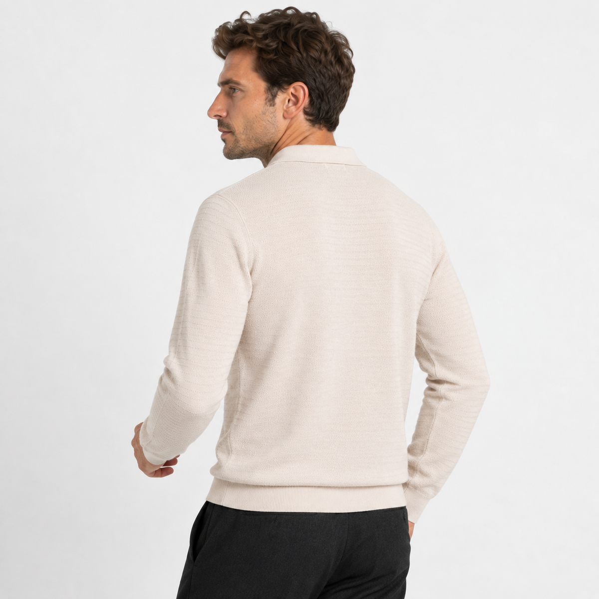 Elvane | Men's Knit Polo Shirt Open Collar Wave Textured Gray