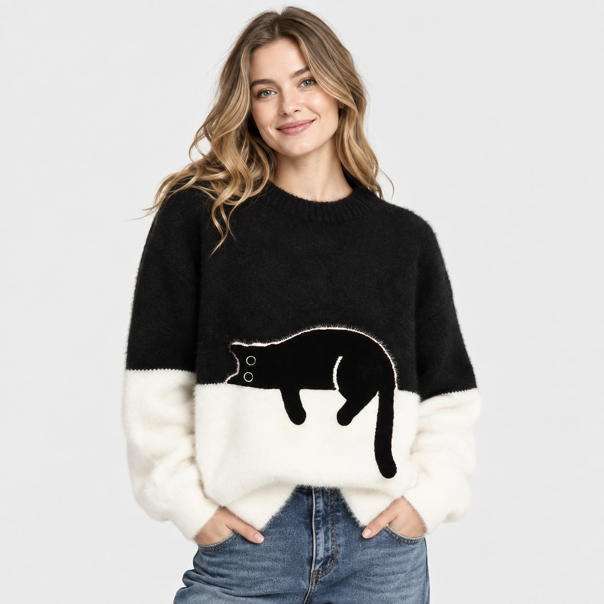 Elvane | Women's Cat Graphic Sweatshirt Oversized Fleece-Lined Pullover