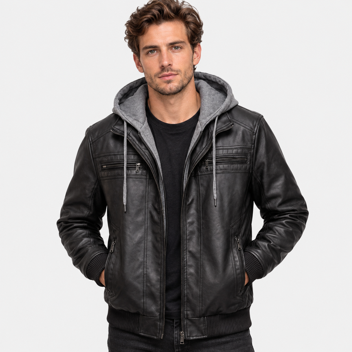 Elvane | Men's Leather Jacket Hooded Quilted Chest Regular Fit