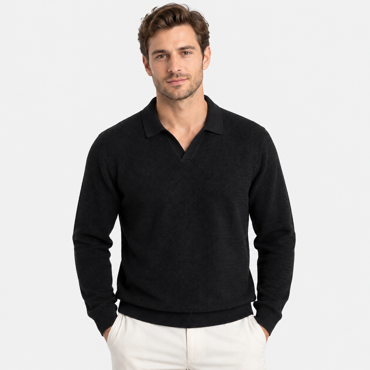 Elvane | Men's Knit Polo Shirt Open Collar Wave Textured Gray