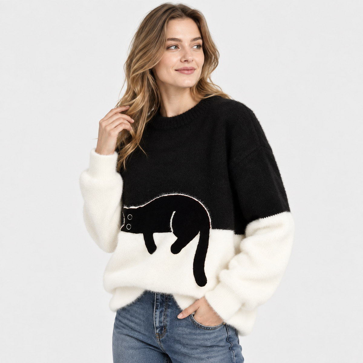 Elvane | Women's Cat Graphic Sweatshirt Oversized Fleece-Lined Pullover