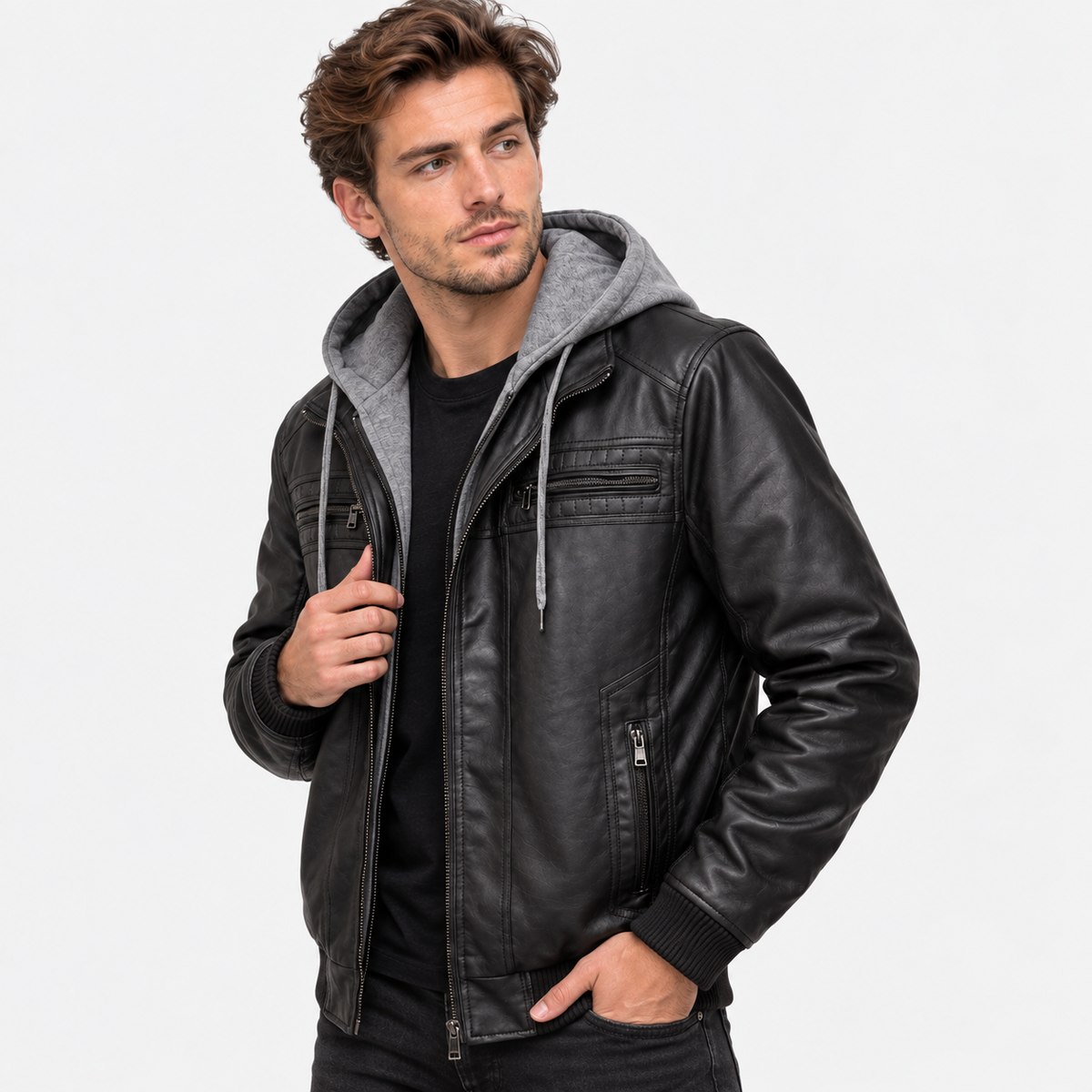 Elvane | Men's Leather Jacket Hooded Quilted Chest Regular Fit