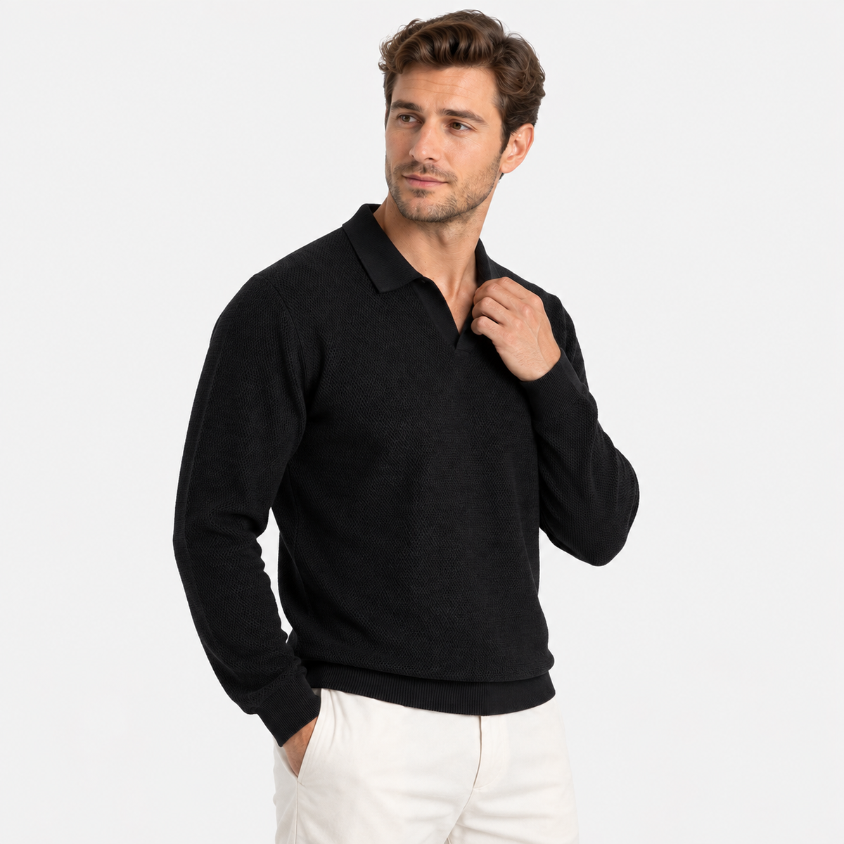 Elvane | Men's Knit Polo Shirt Open Collar Wave Textured Gray