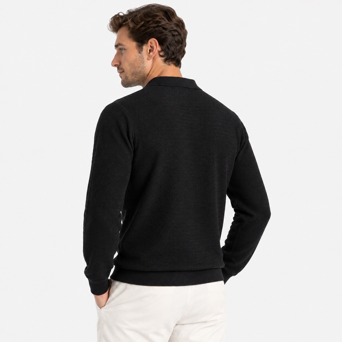 Elvane | Men's Knit Polo Shirt Open Collar Wave Textured Gray