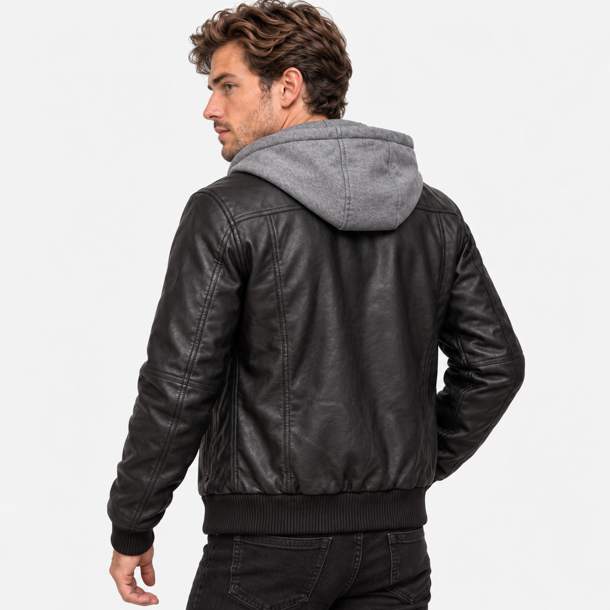 Elvane | Men's Leather Jacket Hooded Quilted Chest Regular Fit