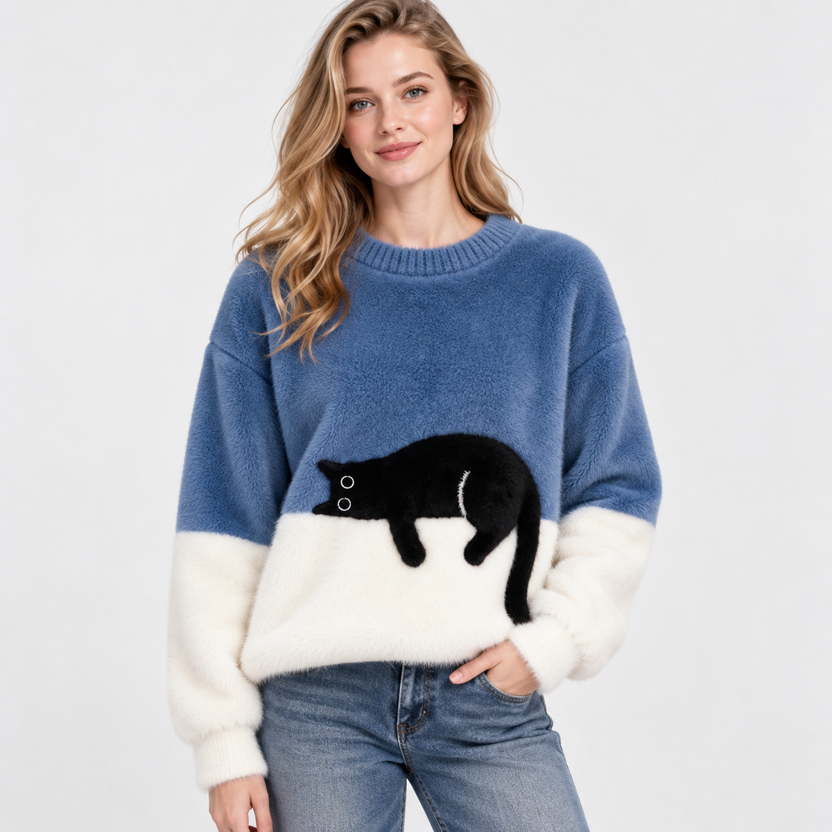 Elvane | Women's Cat Graphic Sweatshirt Oversized Fleece-Lined Pullover