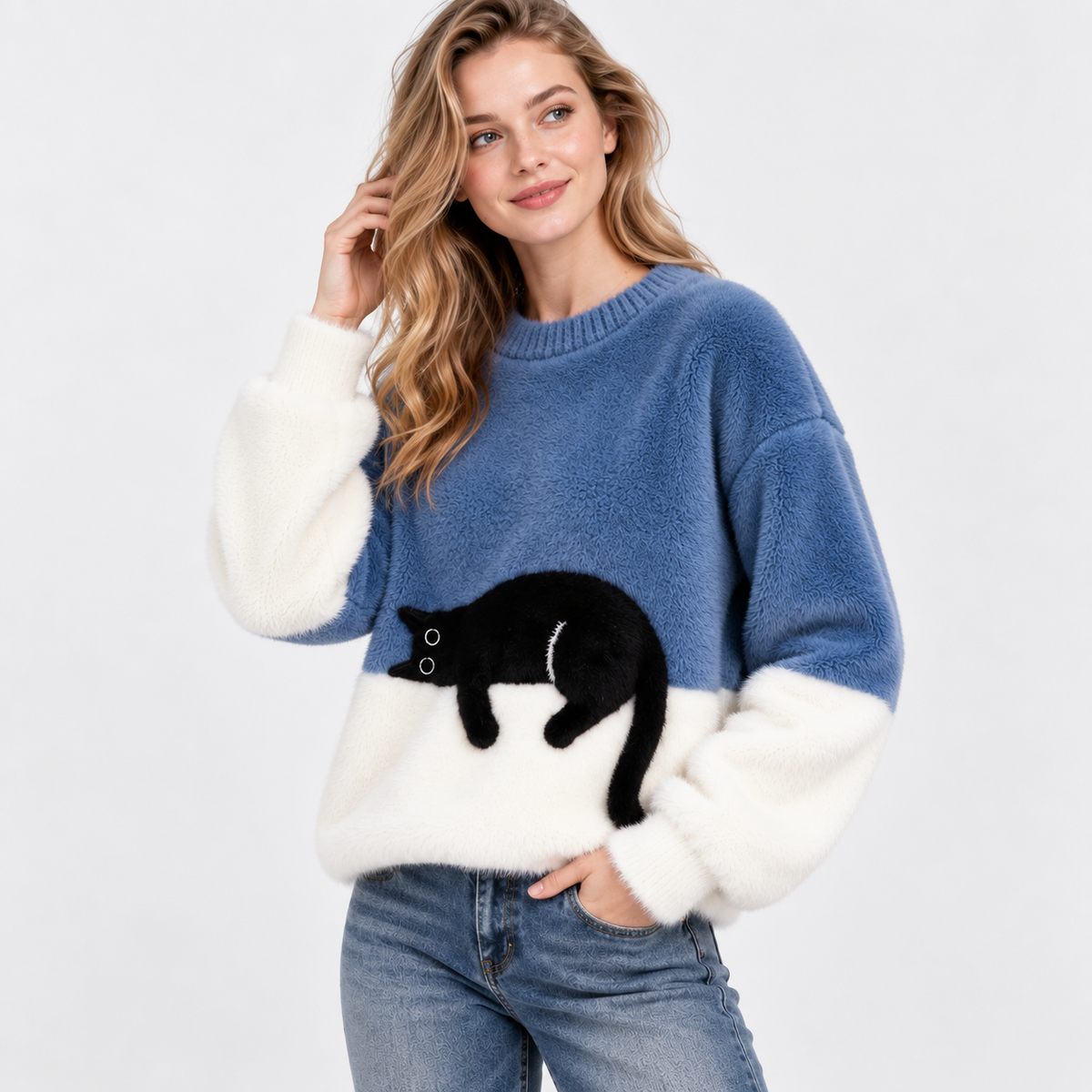 Elvane | Women's Cat Graphic Sweatshirt Oversized Fleece-Lined Pullover