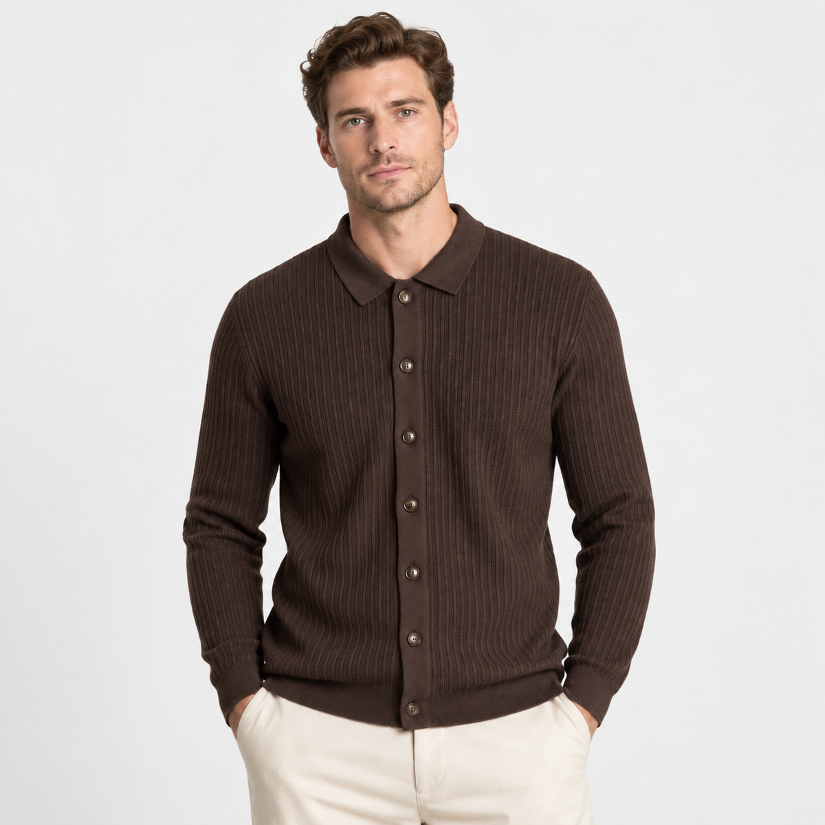 Elvane | Men's Knit Cardigan Ribbed Button Front Collared Sweater