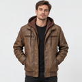 Elvane | Men's Leather Jacket Hooded Quilted Chest Regular Fit
