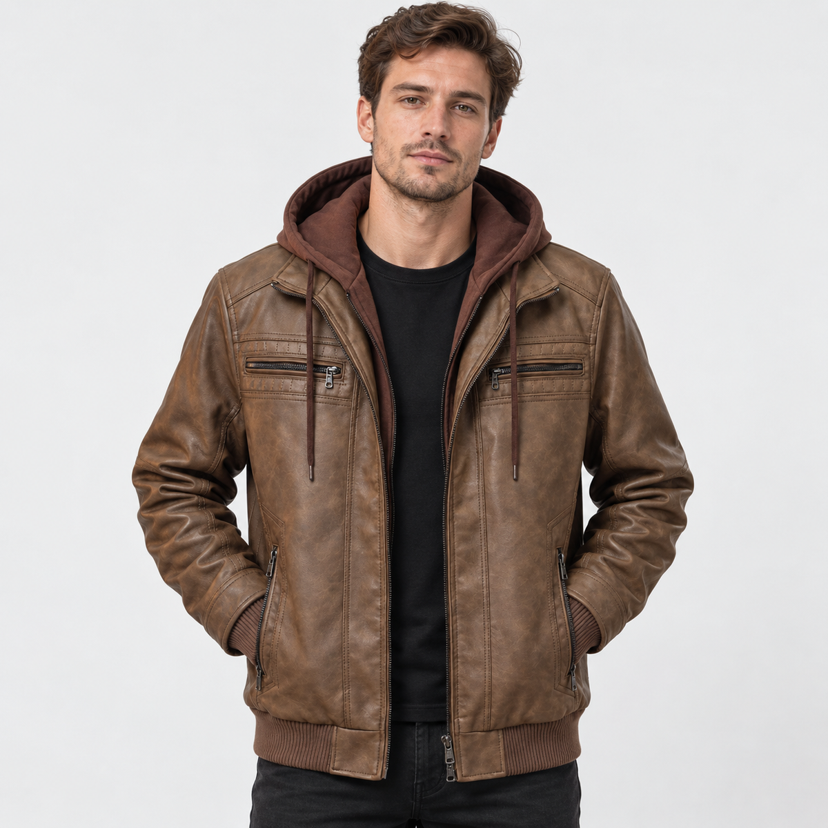 Elvane | Men's Leather Jacket Hooded Quilted Chest Regular Fit