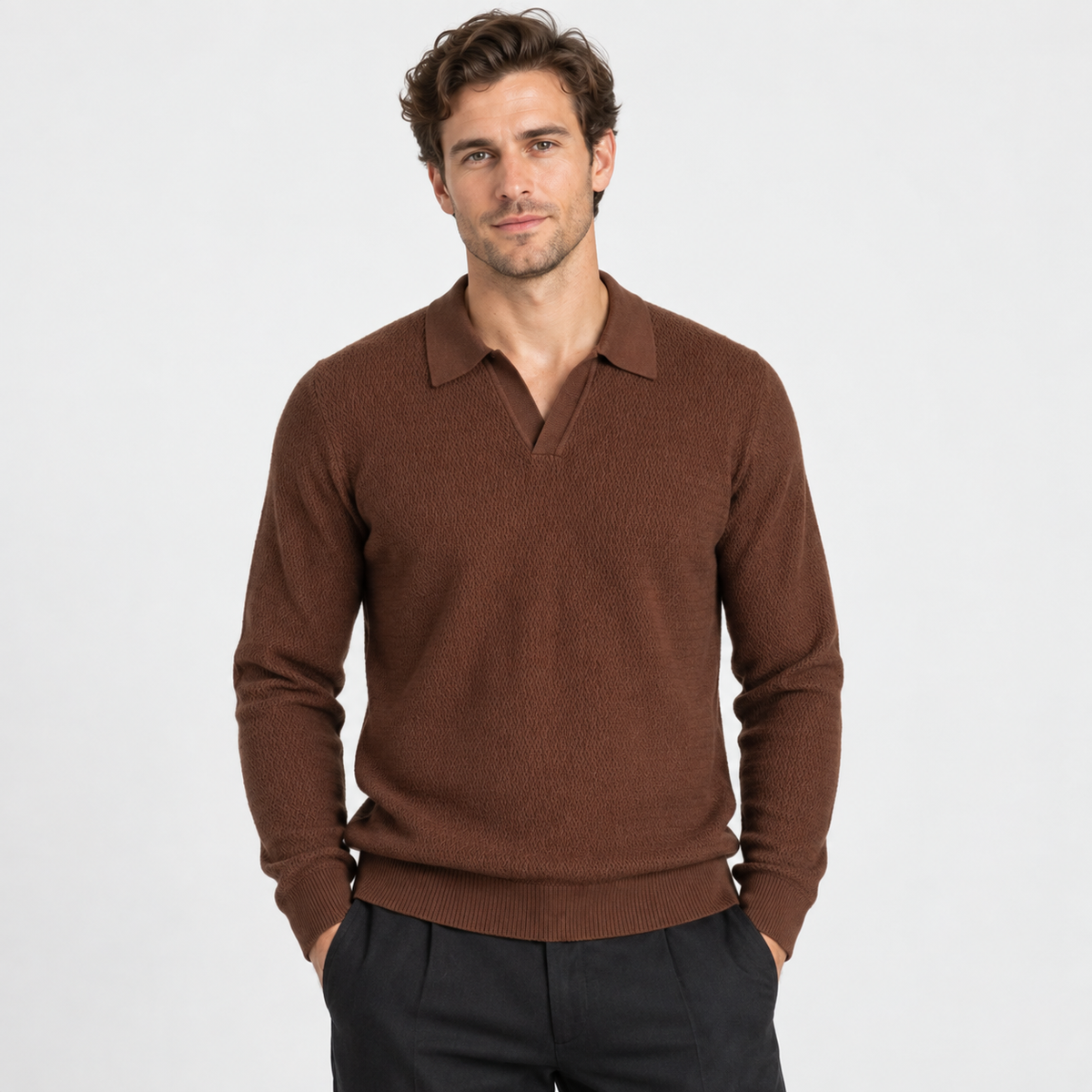 Elvane | Men's Knit Polo Shirt Open Collar Wave Textured Gray
