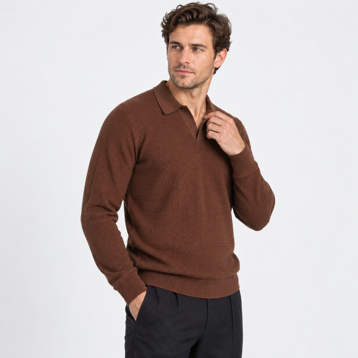 Elvane | Men's Knit Polo Shirt Open Collar Wave Textured Gray