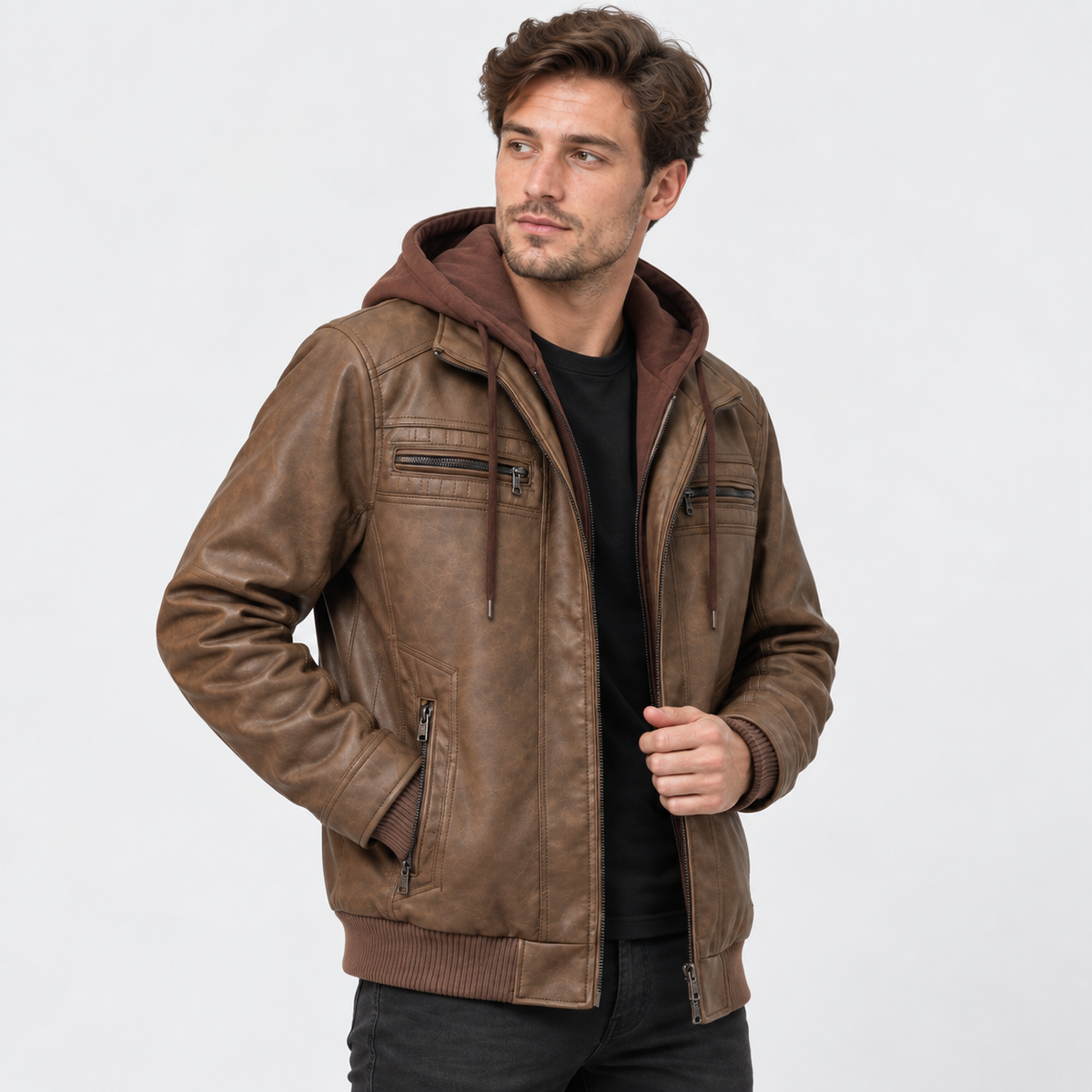 Elvane | Men's Leather Jacket Hooded Quilted Chest Regular Fit
