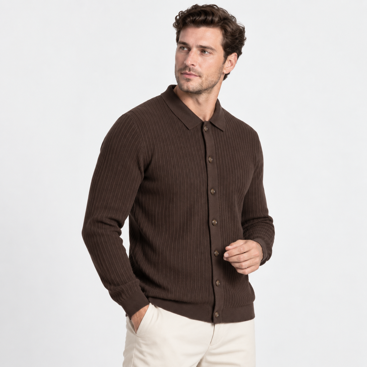Elvane | Men's Knit Cardigan Ribbed Button Front Collared Sweater