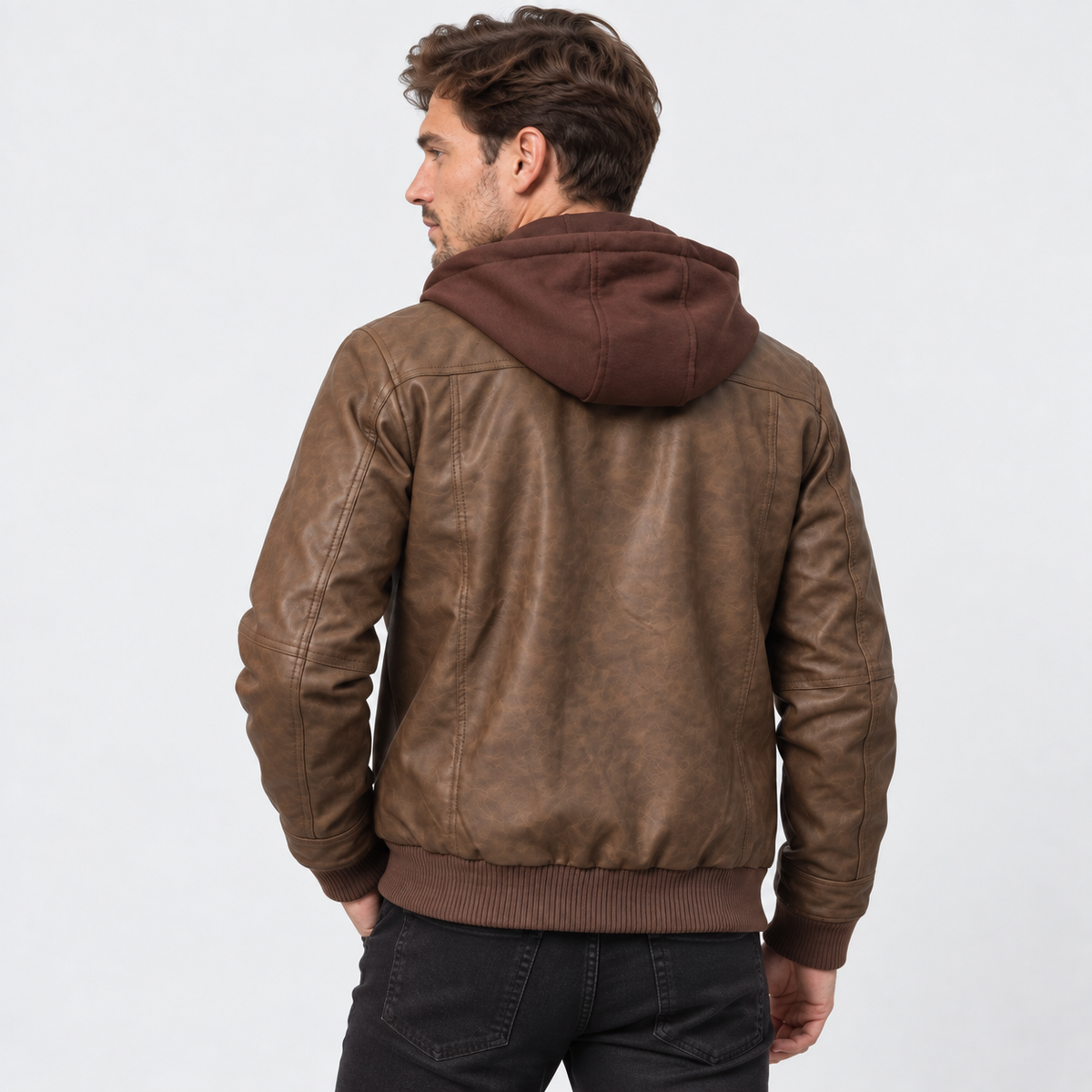 Elvane | Men's Leather Jacket Hooded Quilted Chest Regular Fit