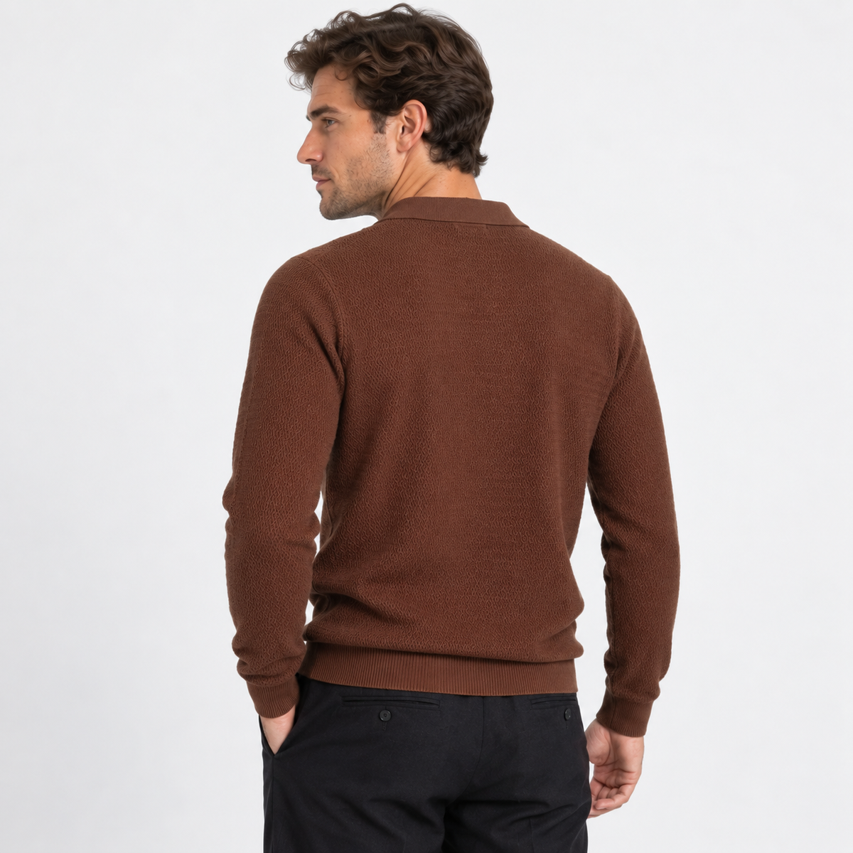 Elvane | Men's Knit Polo Shirt Open Collar Wave Textured Gray