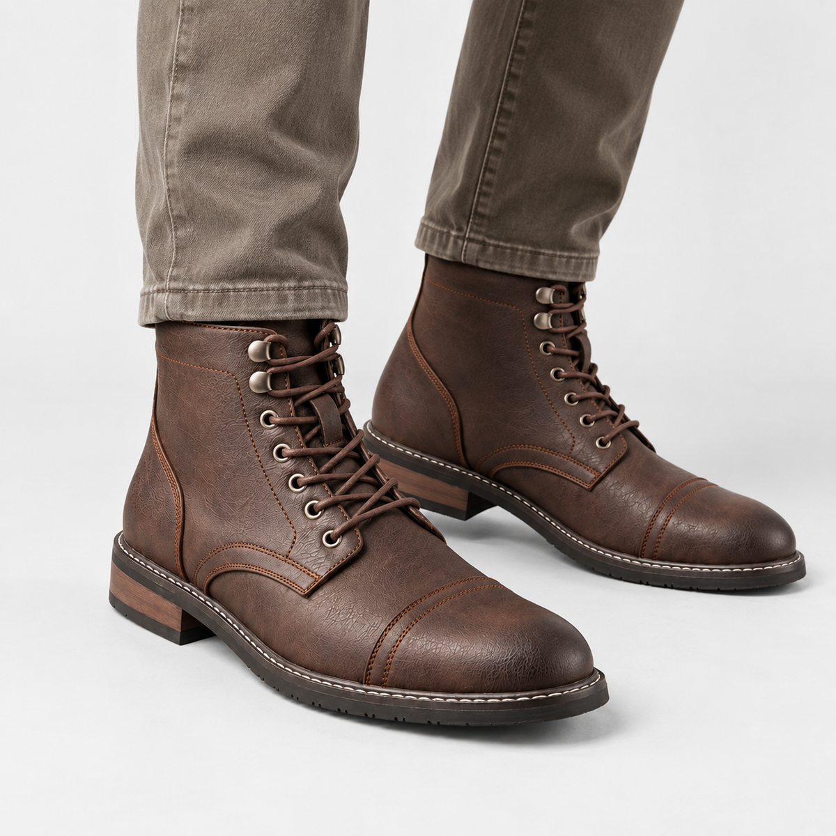 Elvane | Men's Lace-Up Boots Faux Leather Cap Toe Ankle Boots