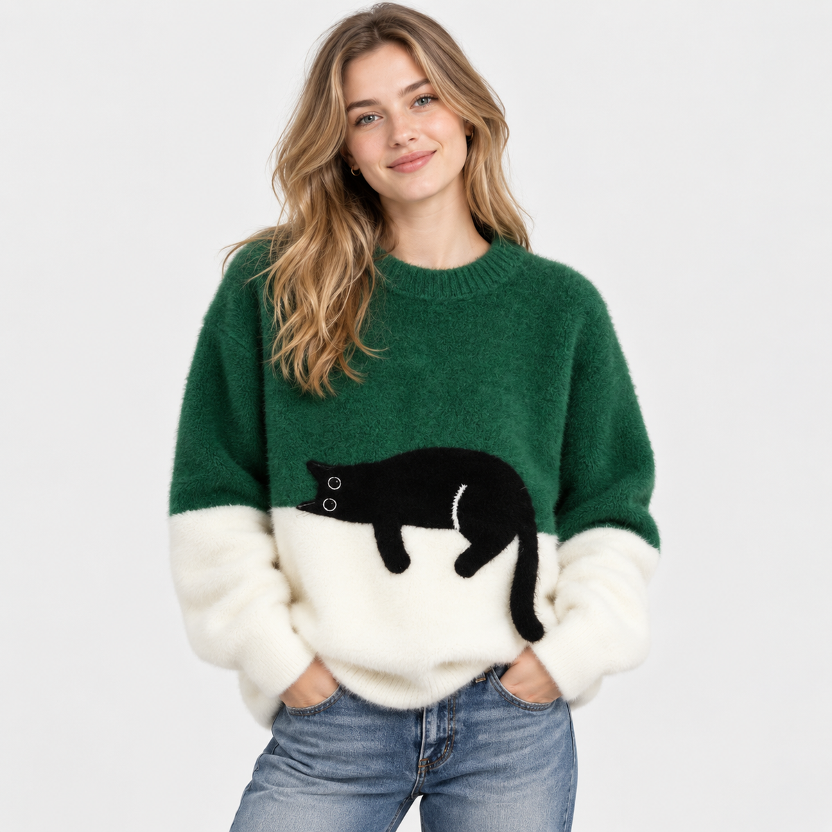 Elvane | Women's Cat Graphic Sweatshirt Oversized Fleece-Lined Pullover