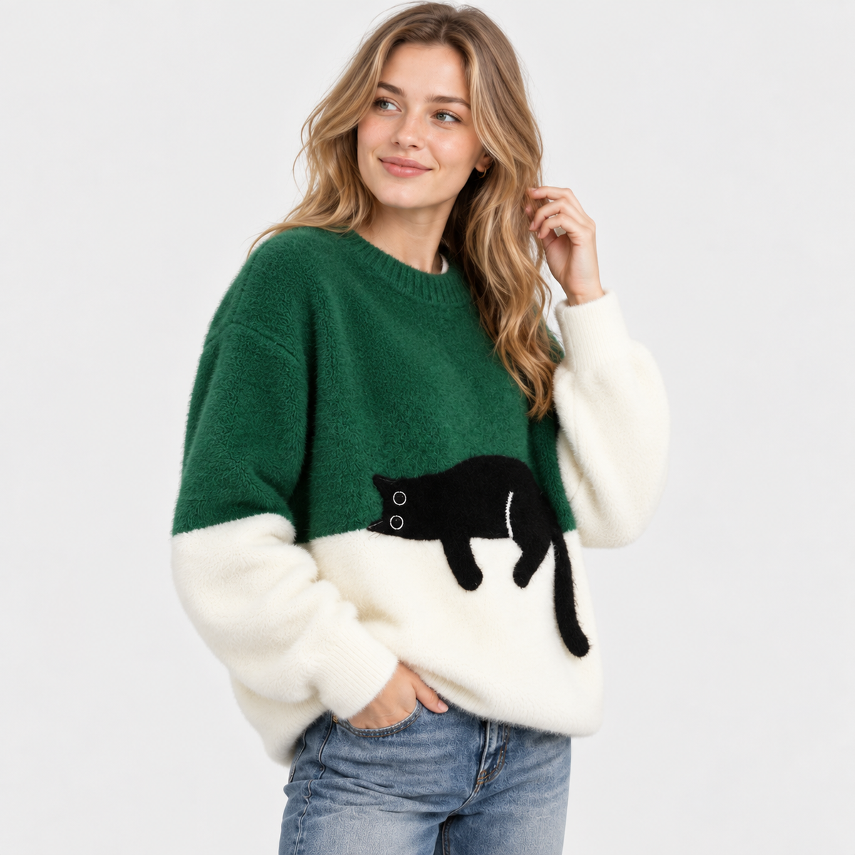 Elvane | Women's Cat Graphic Sweatshirt Oversized Fleece-Lined Pullover