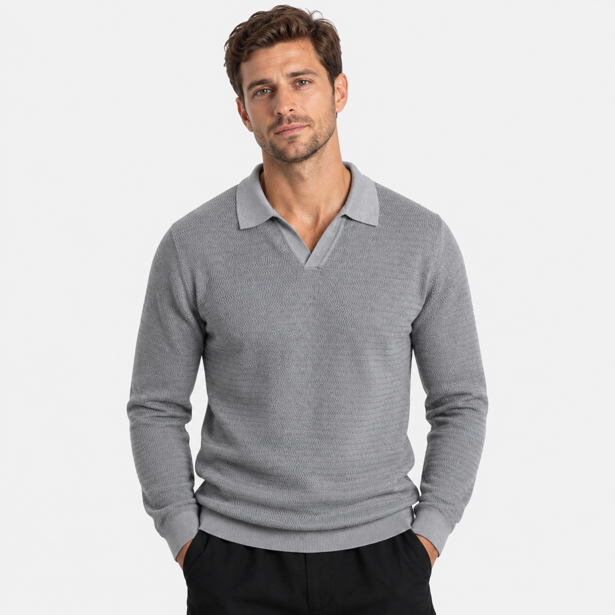 Elvane | Men's Knit Polo Shirt Open Collar Wave Textured Gray