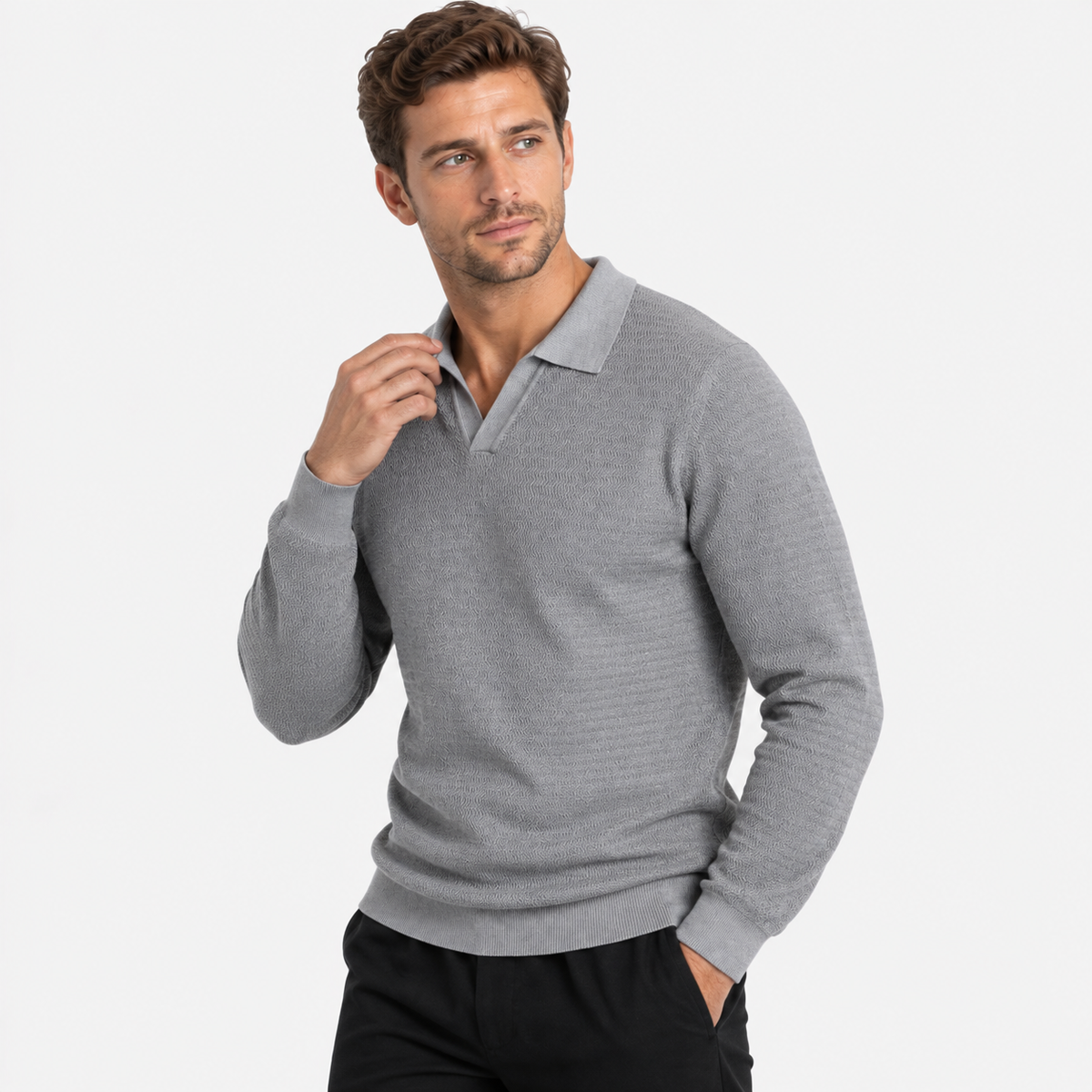 Elvane | Men's Knit Polo Shirt Open Collar Wave Textured Gray