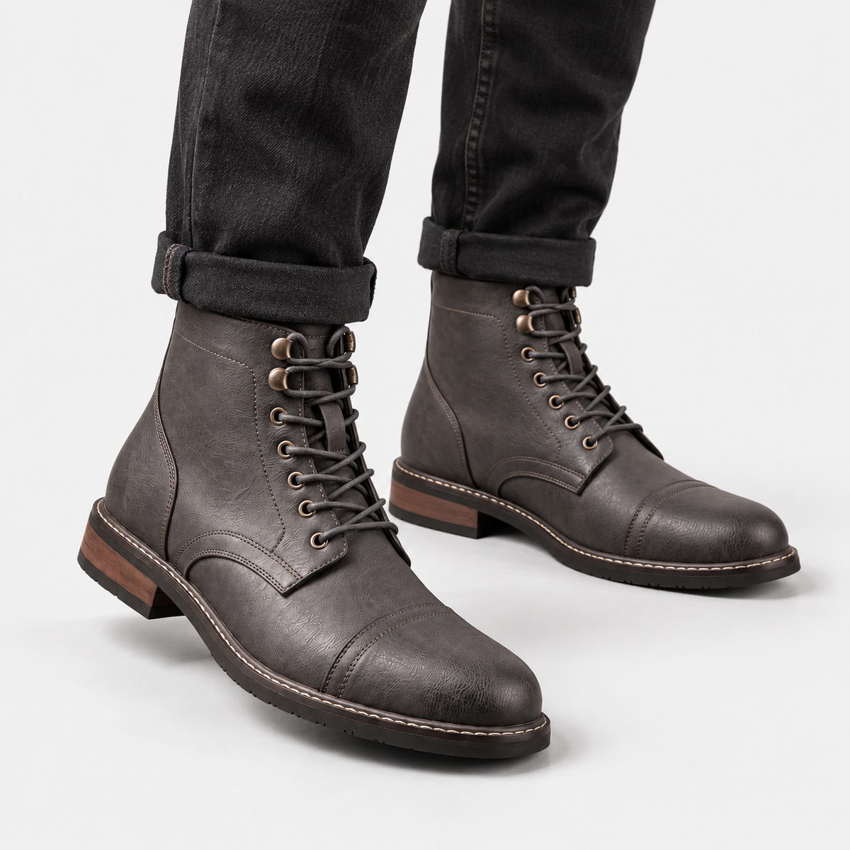 Elvane | Men's Lace-Up Boots Faux Leather Cap Toe Ankle Boots