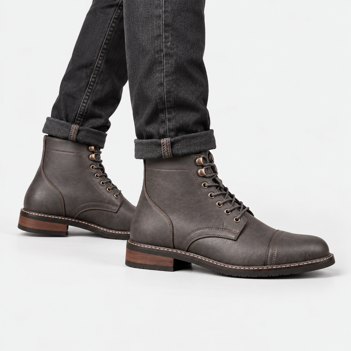 Elvane | Men's Lace-Up Boots Faux Leather Cap Toe Ankle Boots