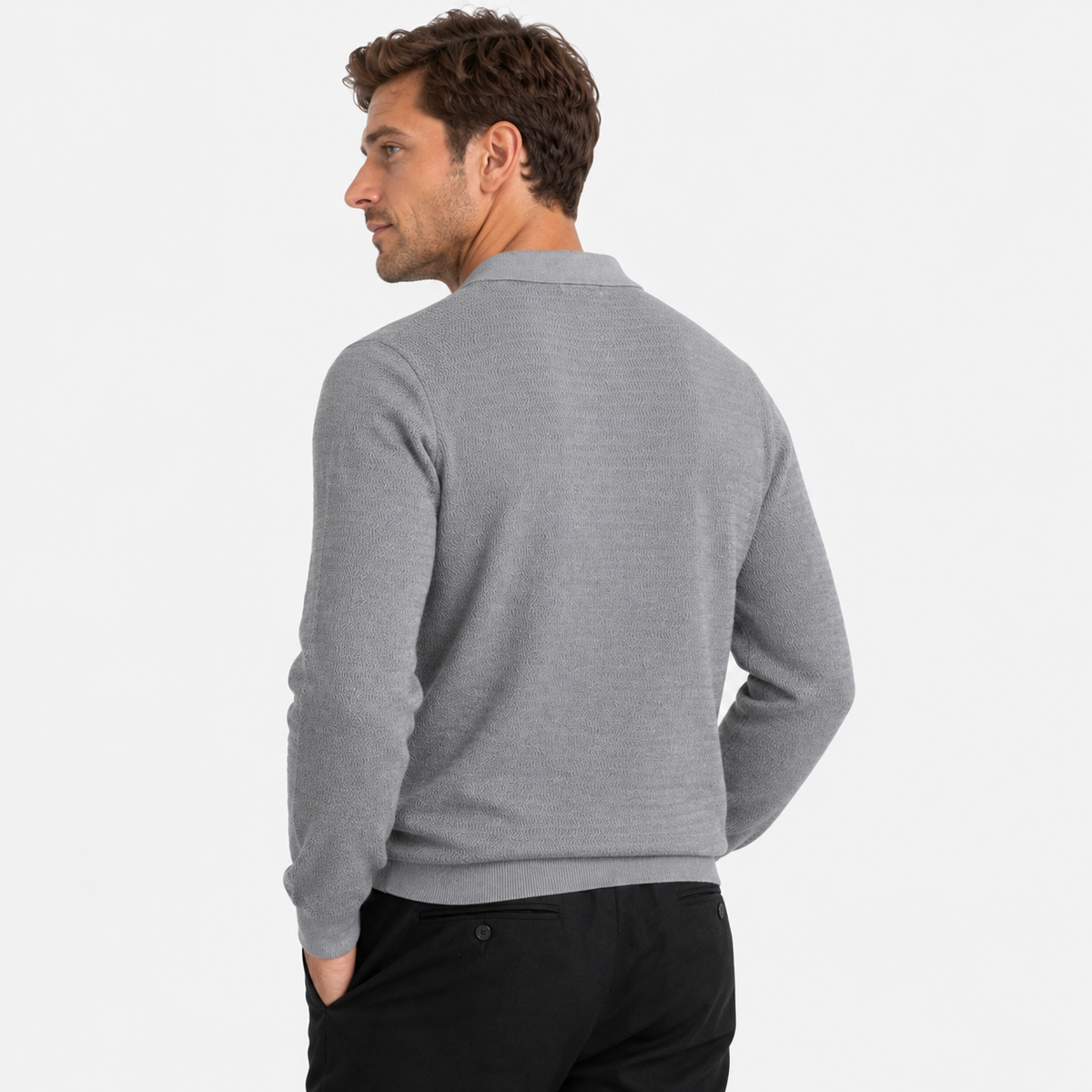 Elvane | Men's Knit Polo Shirt Open Collar Wave Textured Gray