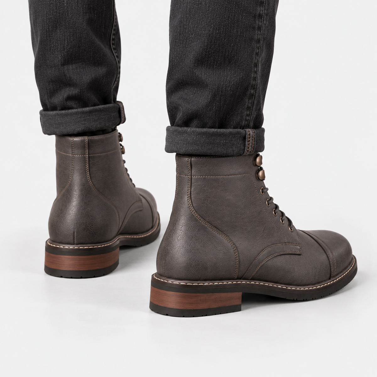 Elvane | Men's Lace-Up Boots Faux Leather Cap Toe Ankle Boots