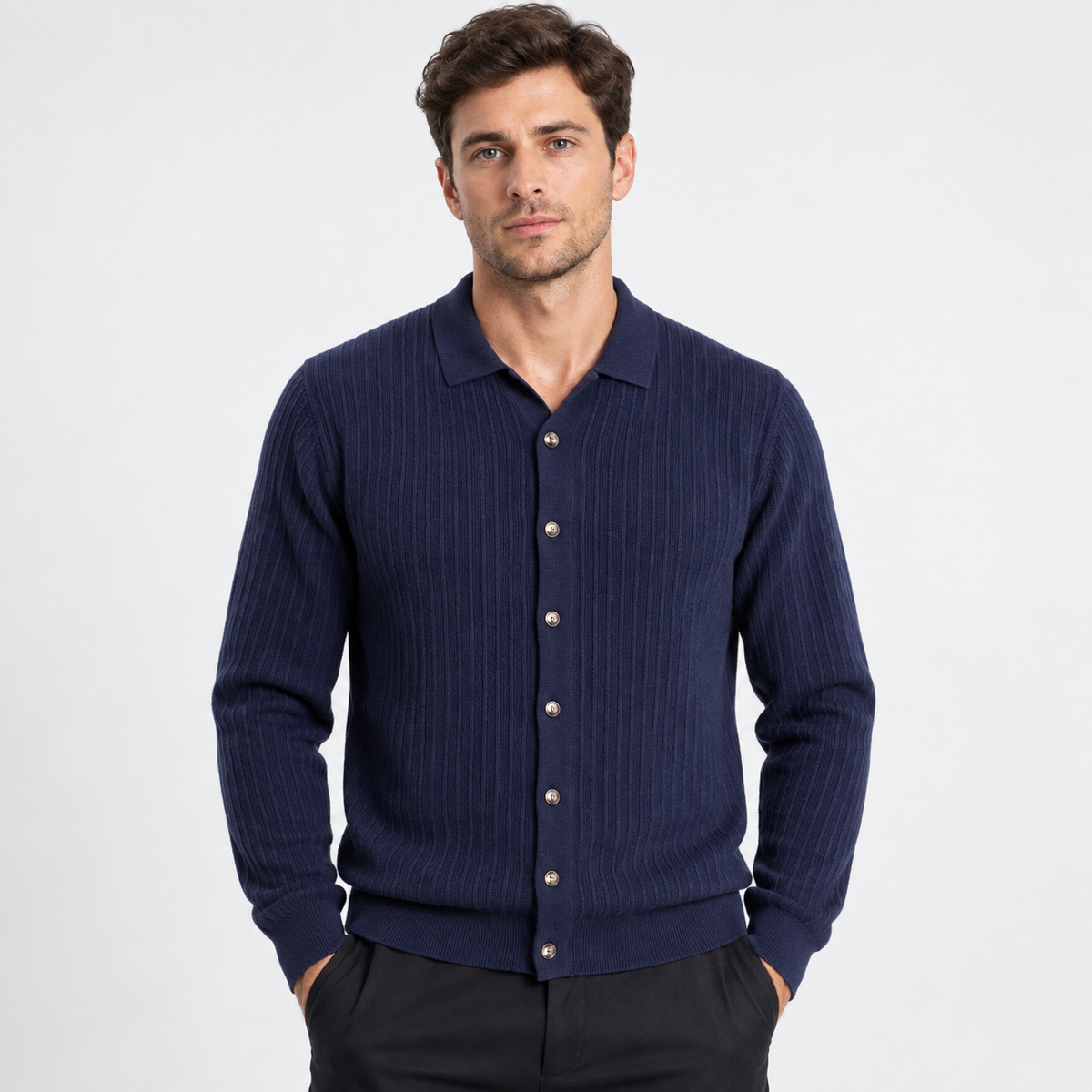 Elvane | Men's Knit Cardigan Ribbed Button Front Collared Sweater