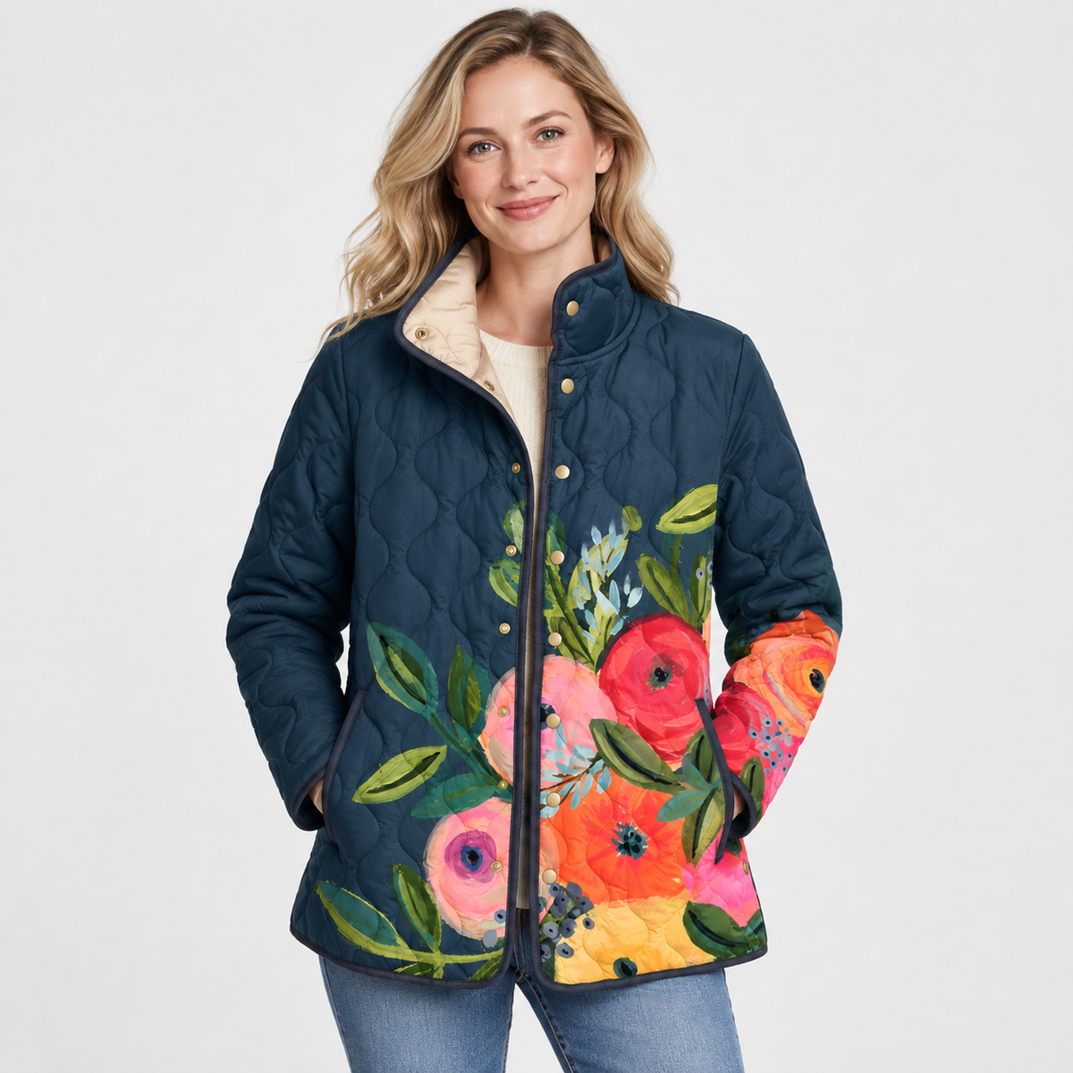Elvane | Women's Quilted Jacket Vintage Floral Relaxed Fit Fall Coat