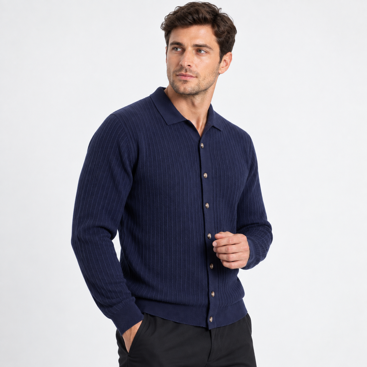Elvane | Men's Knit Cardigan Ribbed Button Front Collared Sweater