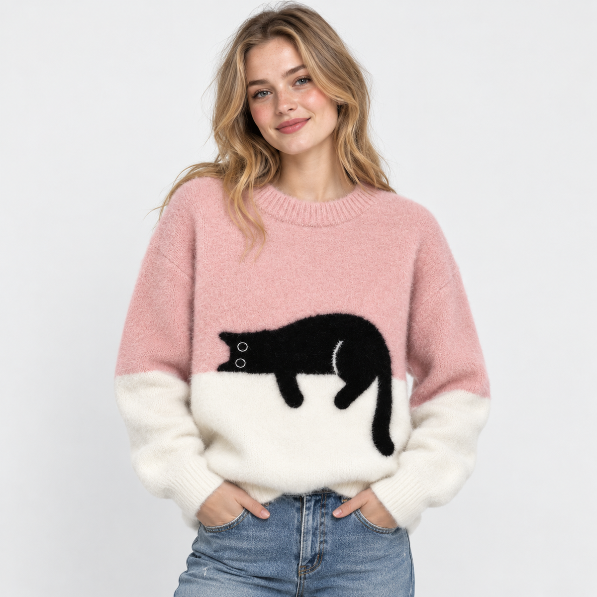 Elvane | Women's Cat Graphic Sweatshirt Oversized Fleece-Lined Pullover