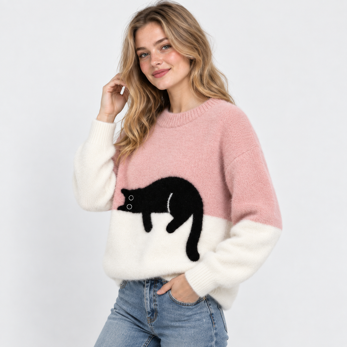 Elvane | Women's Cat Graphic Sweatshirt Oversized Fleece-Lined Pullover