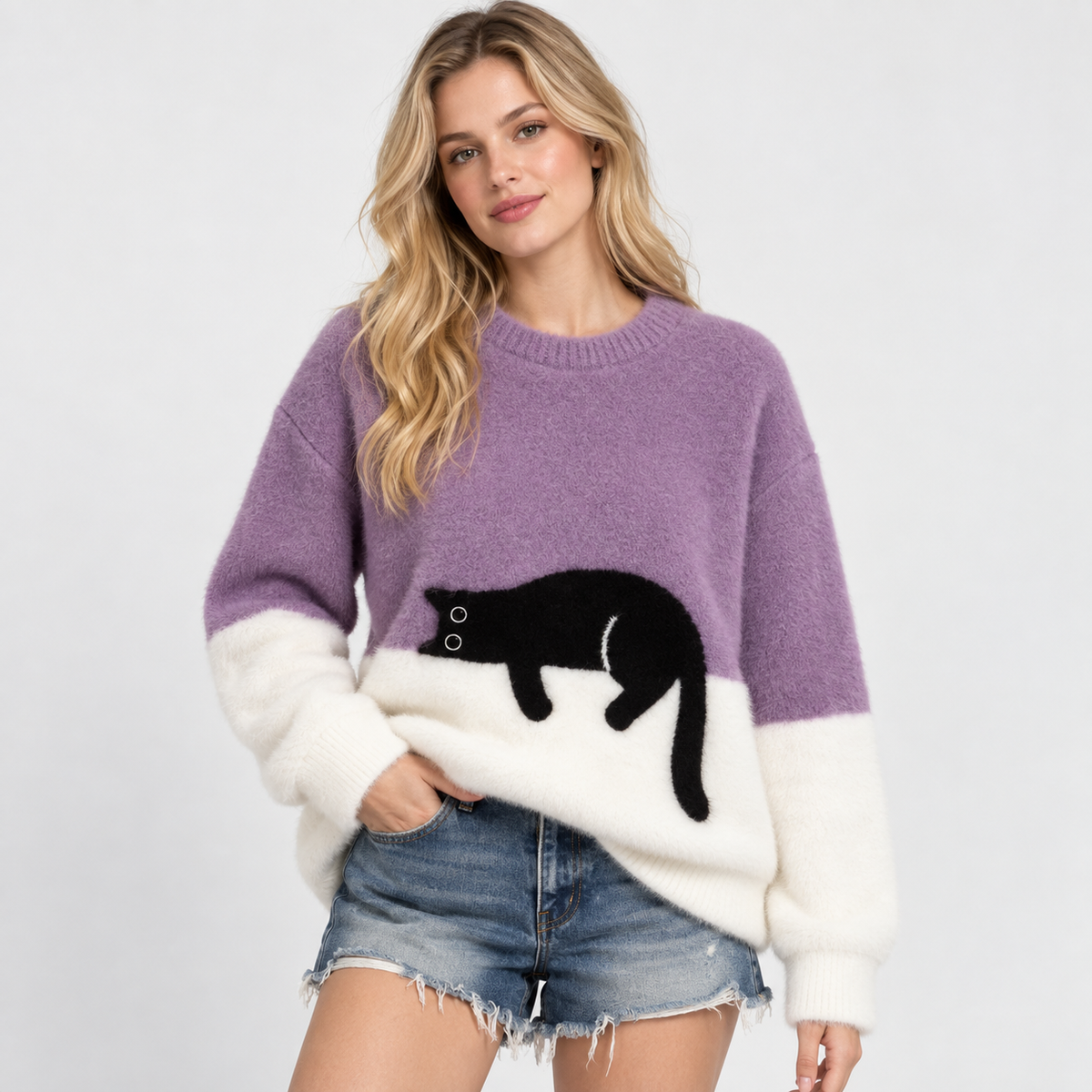Elvane | Women's Cat Graphic Sweatshirt Oversized Fleece-Lined Pullover