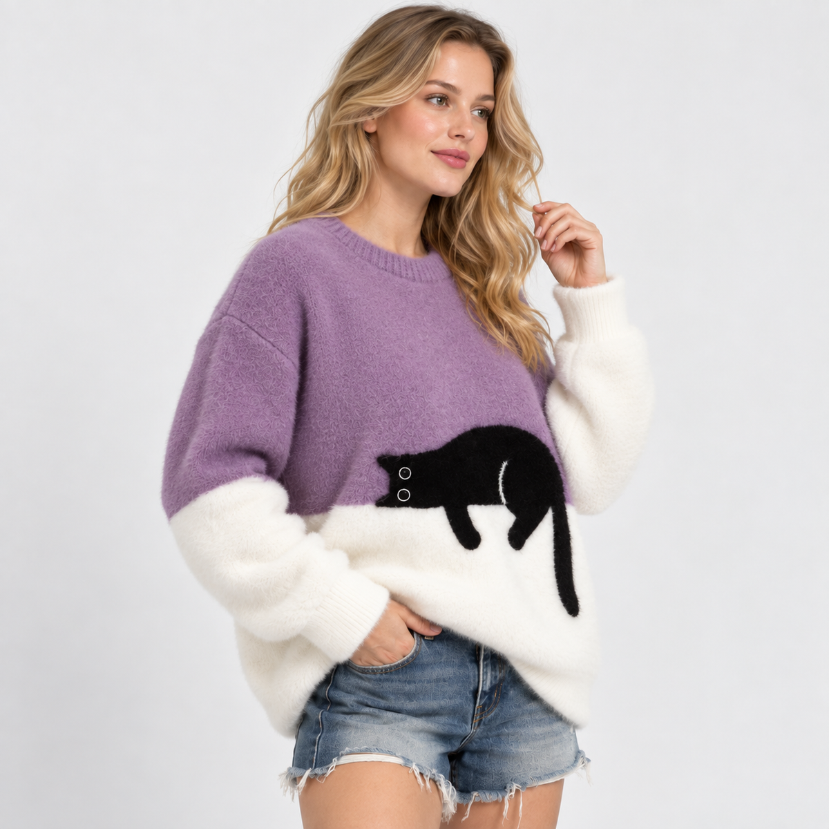 Elvane | Women's Cat Graphic Sweatshirt Oversized Fleece-Lined Pullover