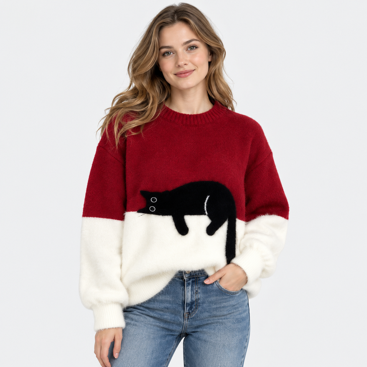 Elvane | Women's Cat Graphic Sweatshirt Oversized Fleece-Lined Pullover
