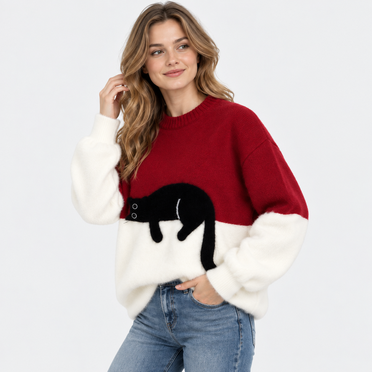 Elvane | Women's Cat Graphic Sweatshirt Oversized Fleece-Lined Pullover