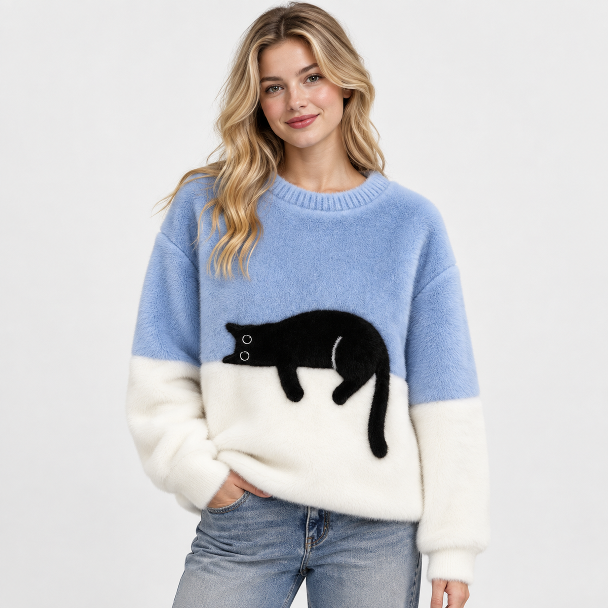 Elvane | Women's Cat Graphic Sweatshirt Oversized Fleece-Lined Pullover