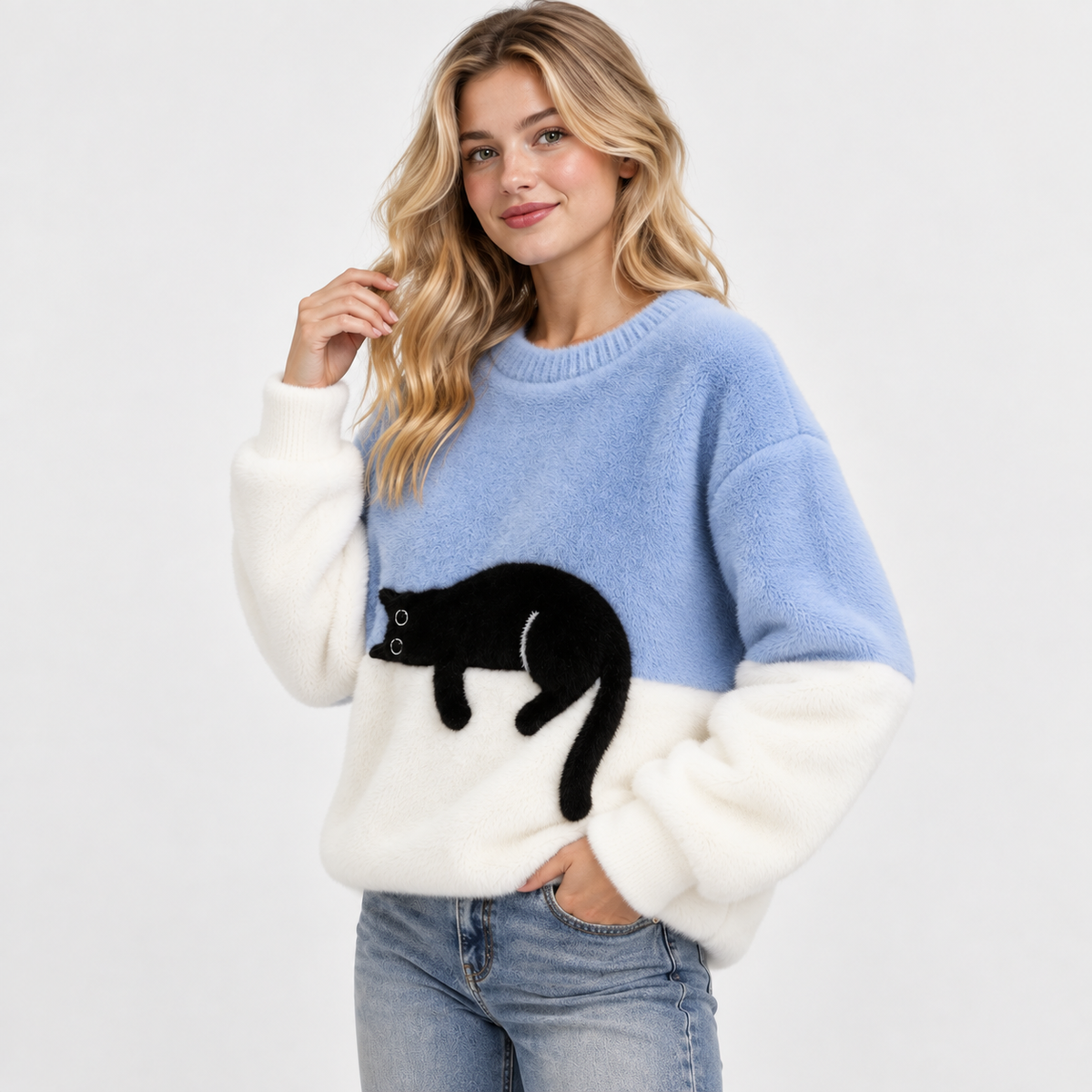 Elvane | Women's Cat Graphic Sweatshirt Oversized Fleece-Lined Pullover