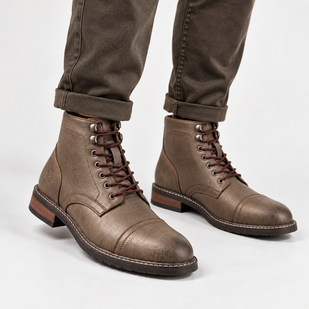 Elvane | Men's Lace-Up Boots Faux Leather Cap Toe Ankle Boots