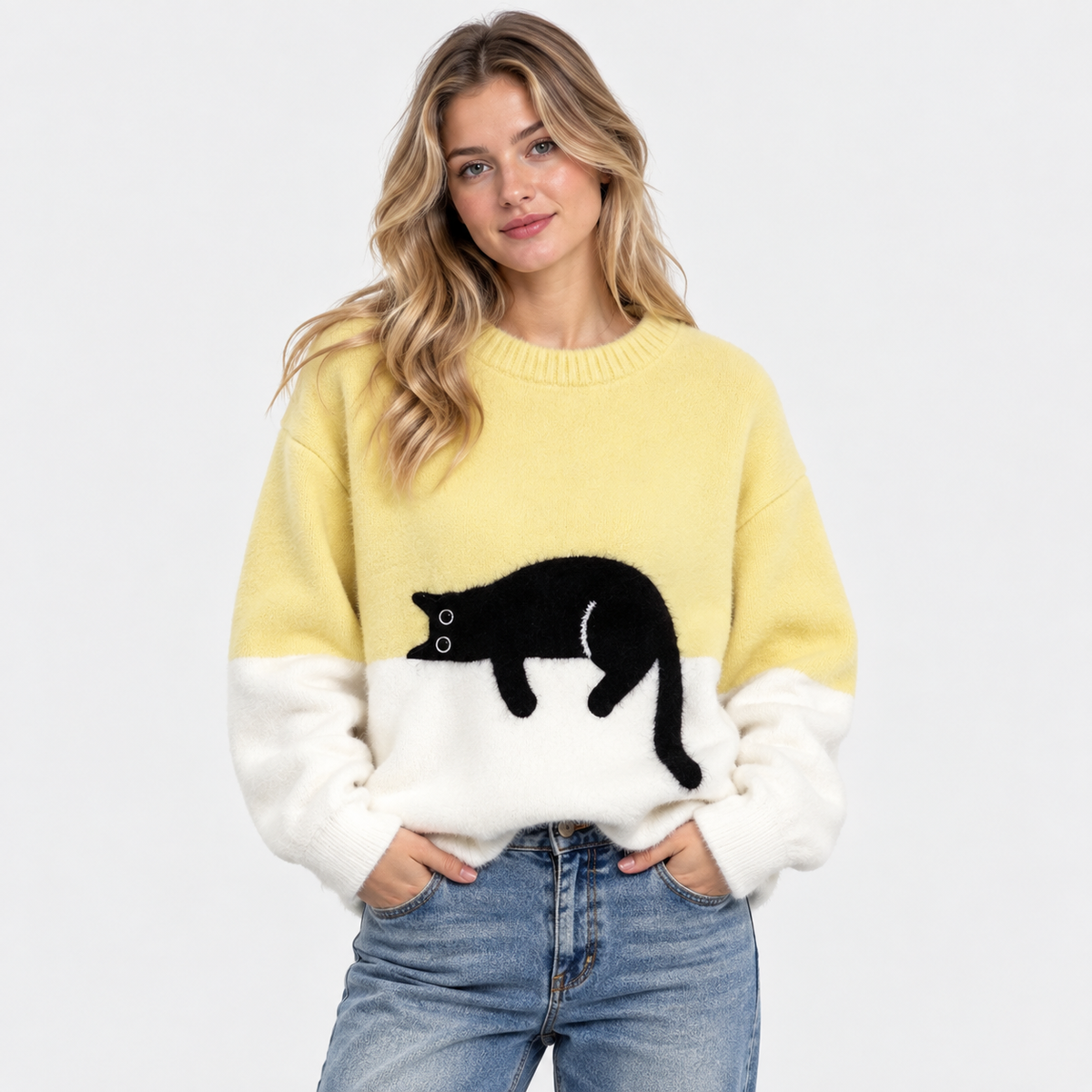 Elvane | Women's Cat Graphic Sweatshirt Oversized Fleece-Lined Pullover