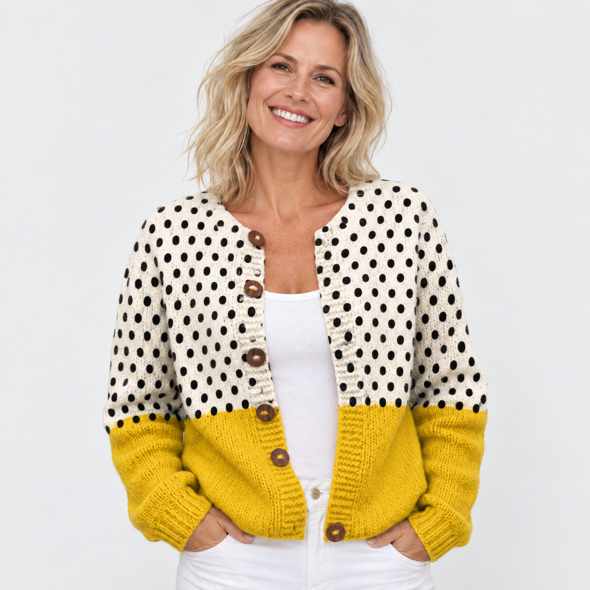 Elvane | Women's Knit Cardigan Vintage Polka Dot Colorblock Sweater