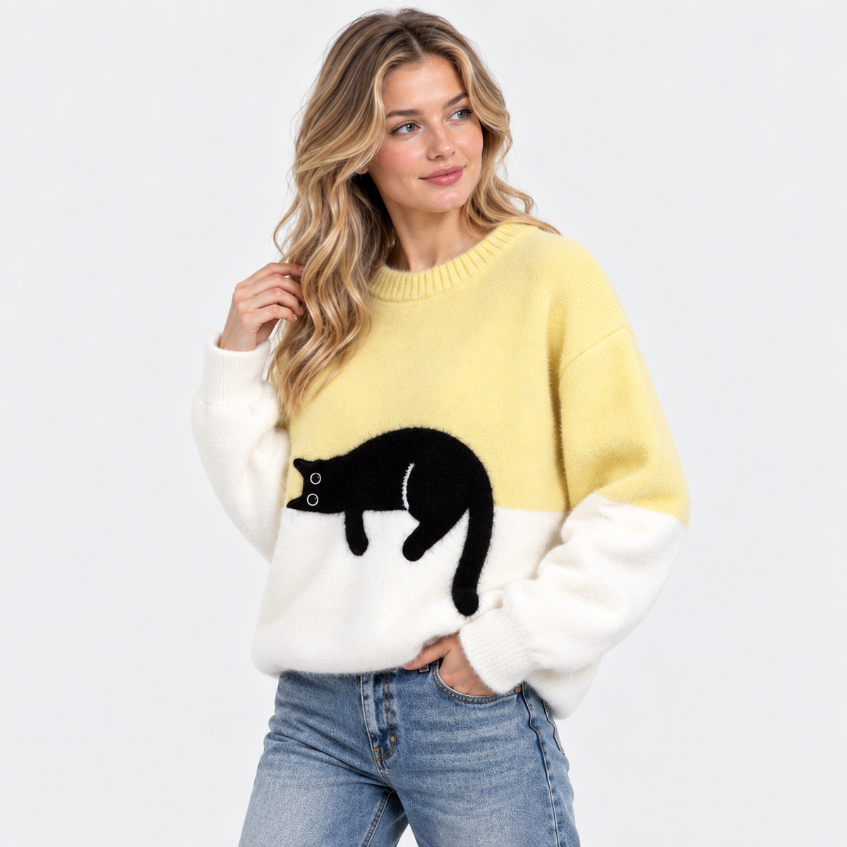 Elvane | Women's Cat Graphic Sweatshirt Oversized Fleece-Lined Pullover